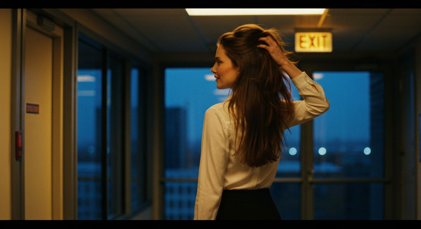 Cinematic 35mm film still of woman with long chestnut brown hair falling past shoulders, porcelain skin with natural flush, s