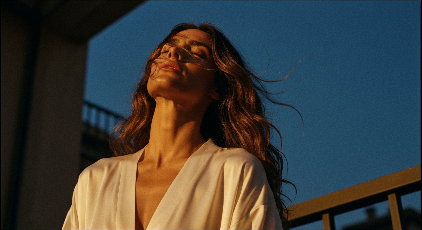 Cinematic 35mm film still close-up of woman with long wavy chestnut brown hair, olive Mediterranean skin tone, slim athletic