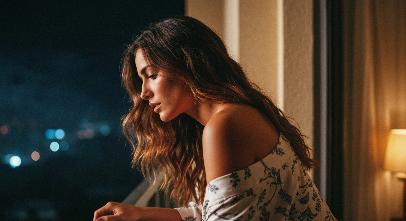 Cinematic 35mm film still medium shot of woman with long wavy chestnut brown hair, olive Mediterranean skin tone, slim athlet