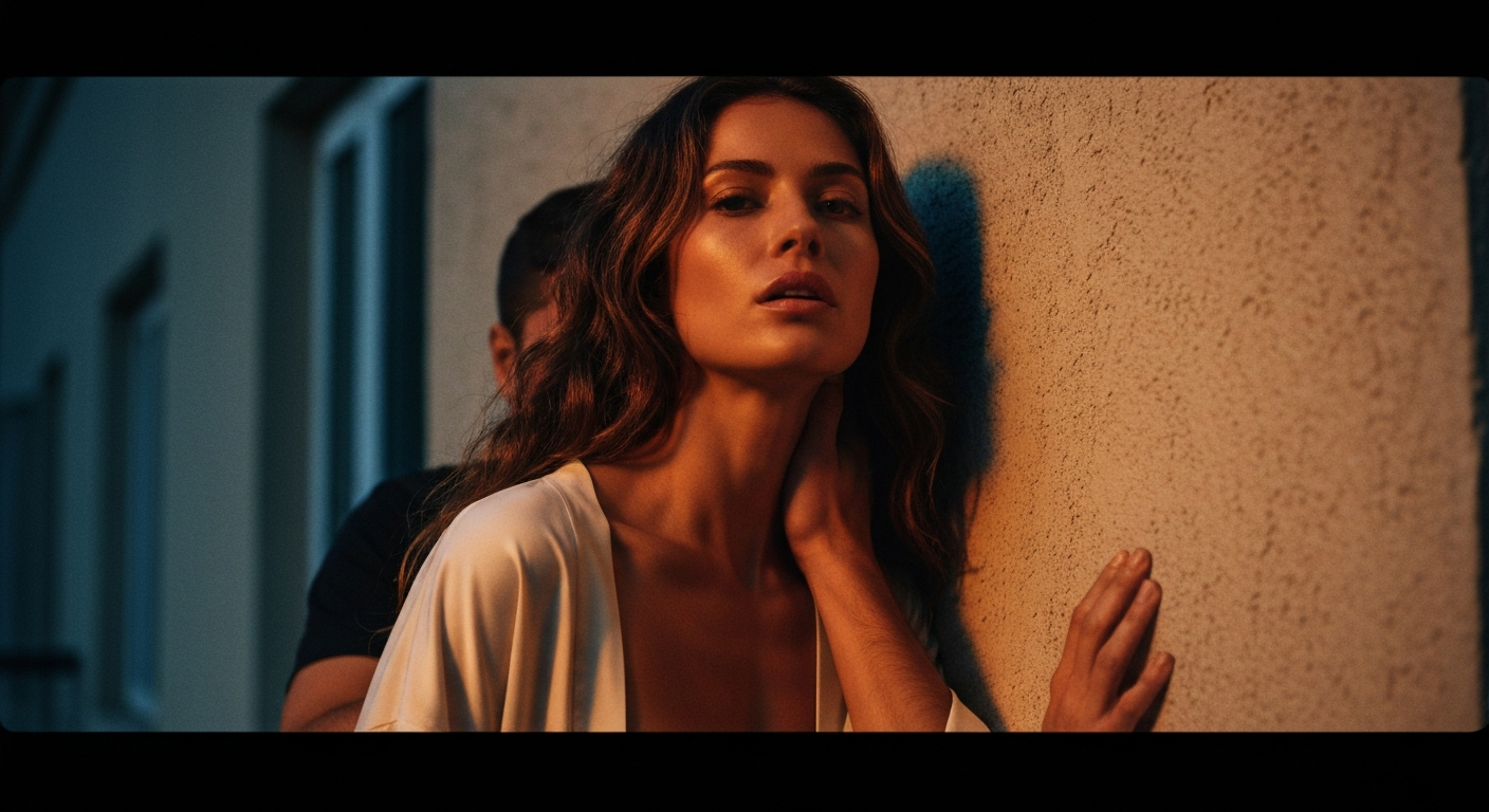 Cinematic 35mm film still of woman with long wavy chestnut brown hair, olive Mediterranean skin tone, slim athletic body type