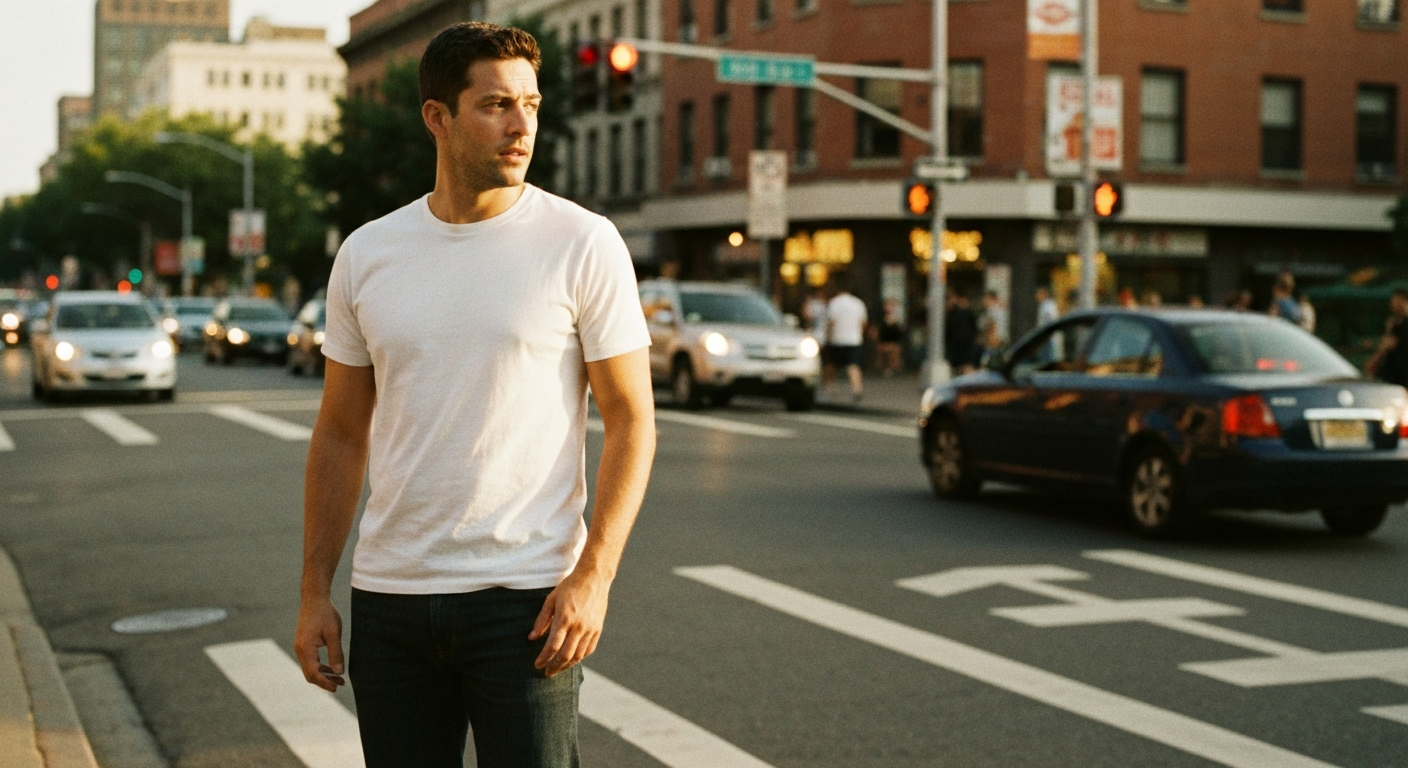 Cinematic 35mm film still over-shoulder shot of man with short dark brown hair, athletic build, fair skin, defined jawline, s