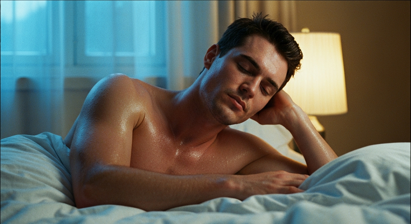 Cinematic 35mm film still medium shot of man with short dark brown hair, athletic build, fair skin, defined jawline, lying in
