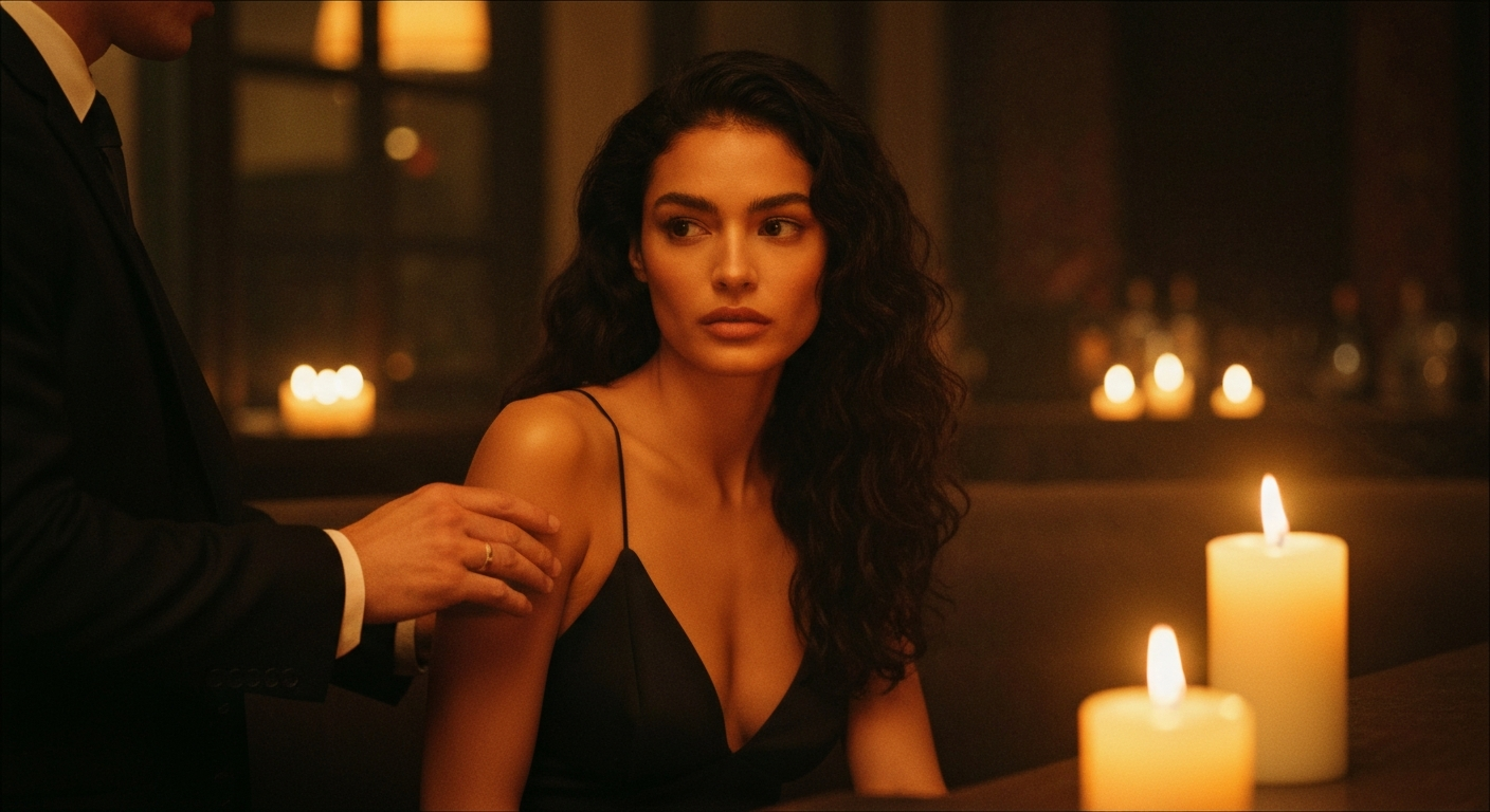 Cinematic 35mm film still of woman with long dark wavy hair, olive skin tone, slim athletic body type, full lips wearing eleg