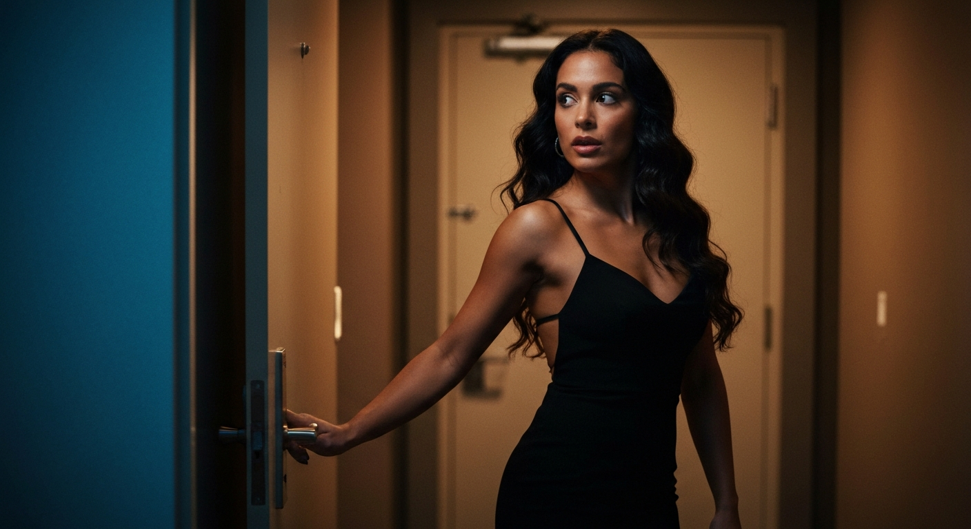 Cinematic 35mm film still of woman with long dark wavy hair, olive skin tone, slim athletic body type, full lips in black coc