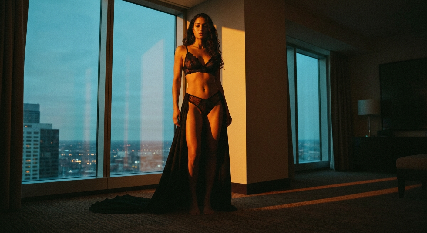 Cinematic 35mm film still of woman with long dark wavy hair, olive skin tone, slim athletic body type, full lips wearing blac
