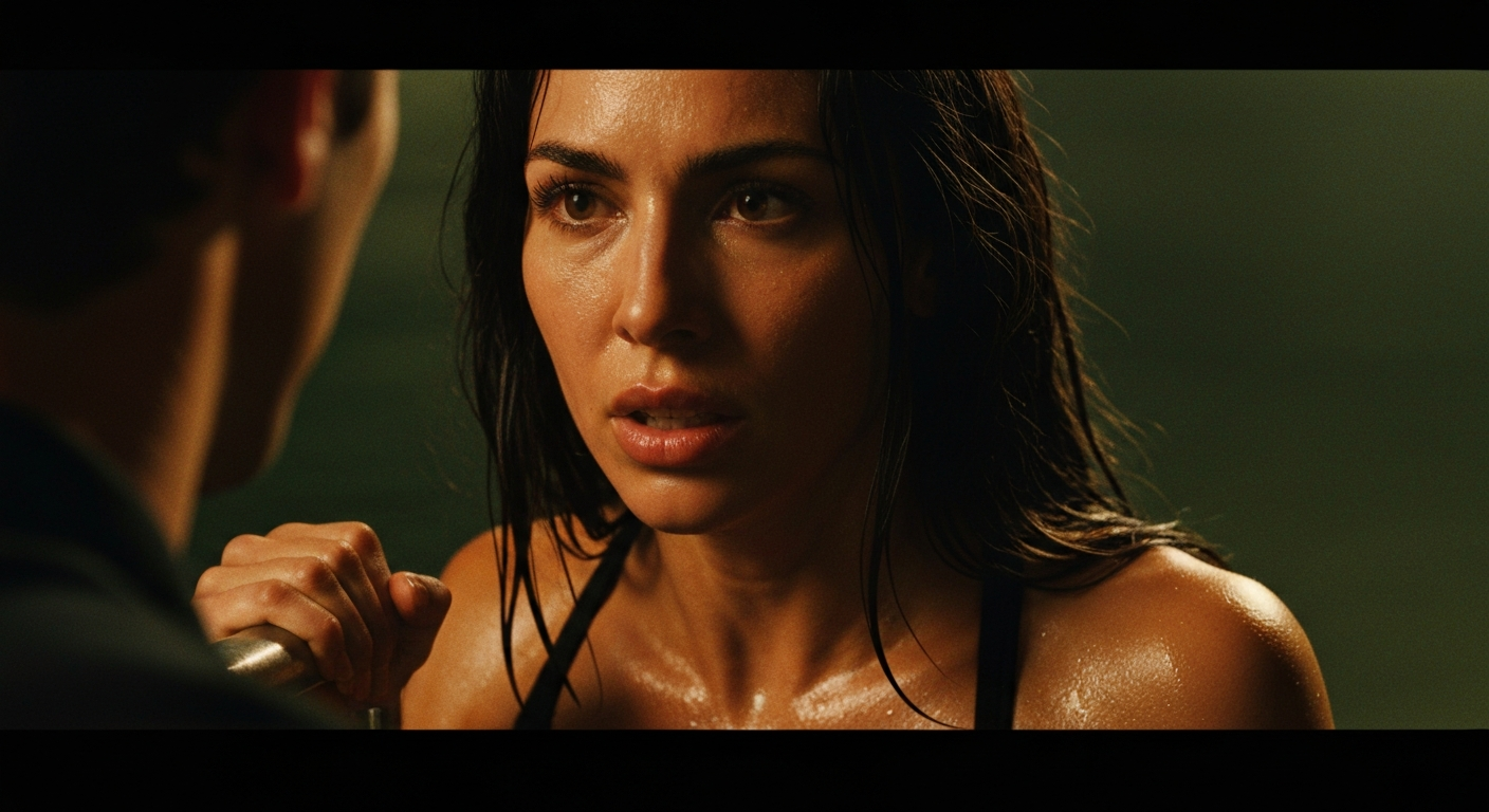Cinematic 35mm film still extreme close-up of woman with long dark brown hair falling past shoulders, olive skin tone, slim a