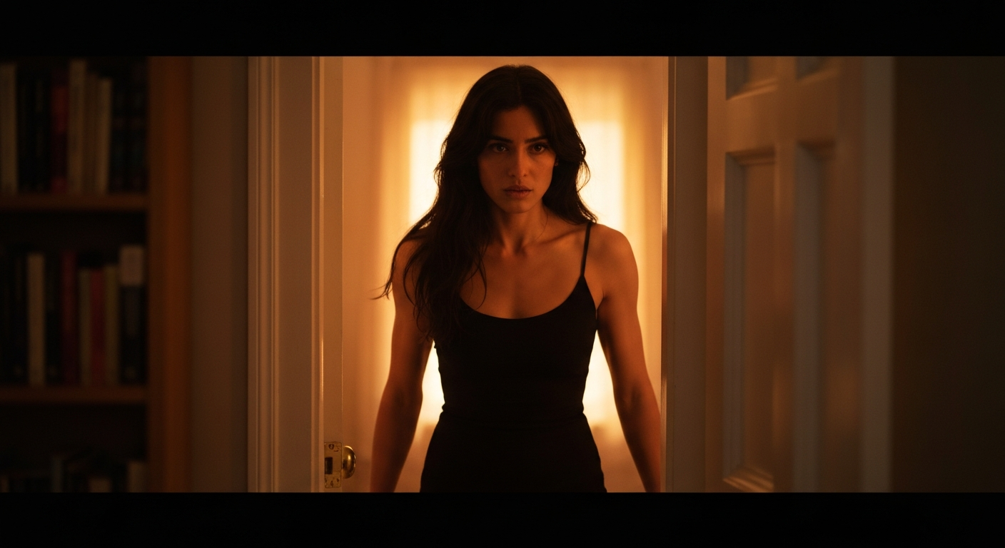 Cinematic 35mm film still of woman with long dark brown hair falling past shoulders, olive skin tone, slim athletic body type