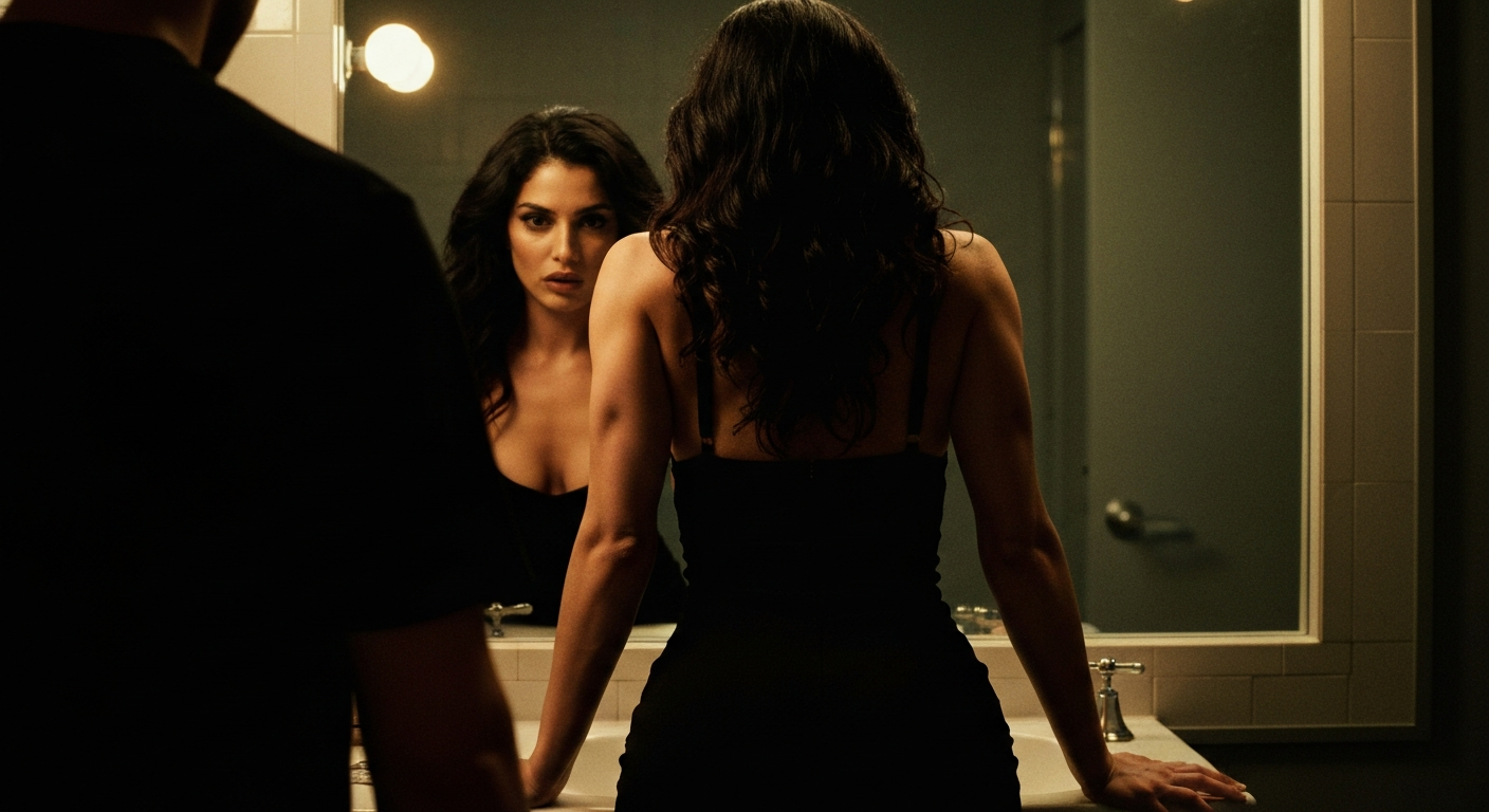 Cinematic 35mm film still of woman with long dark wavy hair cascading past shoulders, olive mediterranean skin tone, slim hou
