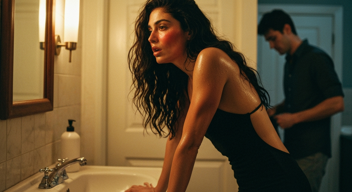 Cinematic 35mm film still of woman with long dark wavy hair cascading past shoulders, olive mediterranean skin tone, slim hou