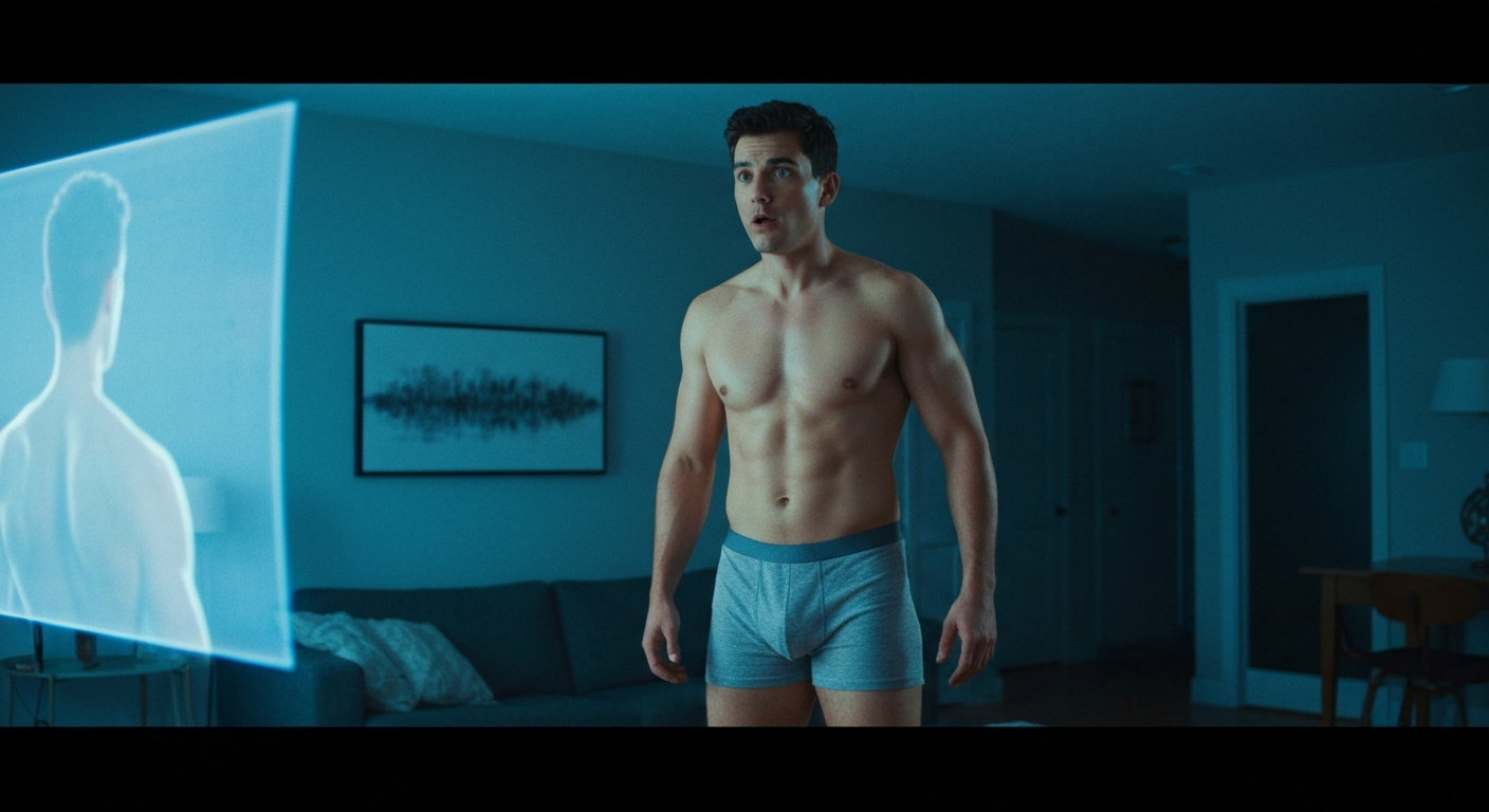Cinematic 35mm film still of man with short dark brown hair, athletic build, fair skin with warm undertones standing in moder