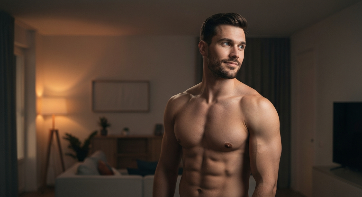 Cinematic 35mm film still of shirtless man with short dark brown hair, athletic build, fair skin with warm undertones standin