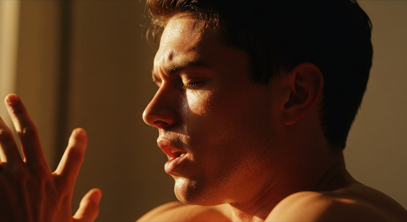 Cinematic 35mm film still extreme close-up of man with short dark brown hair, athletic build, fair skin with warm undertones 