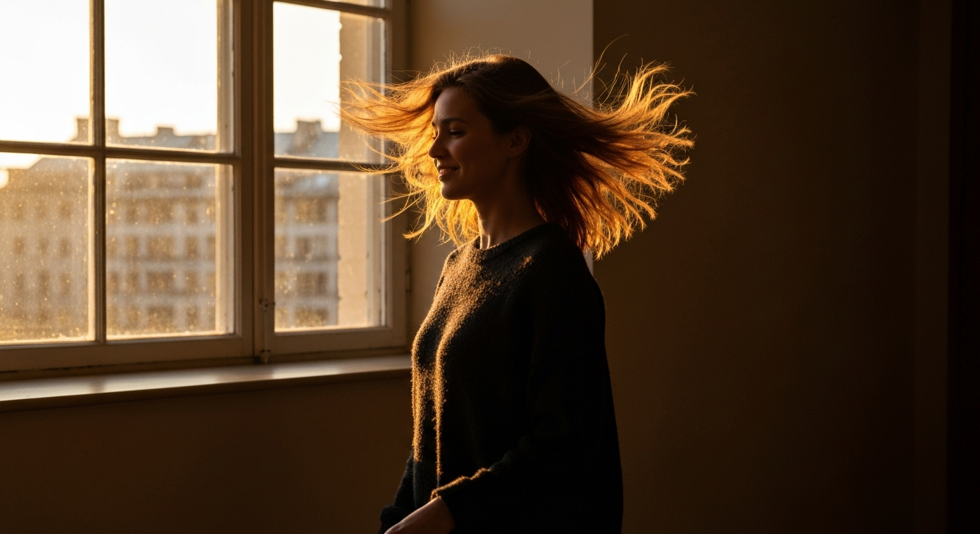 Cinematic 35mm film still of woman with long dark brown hair falling past shoulders, olive skin tone, slim athletic body type
