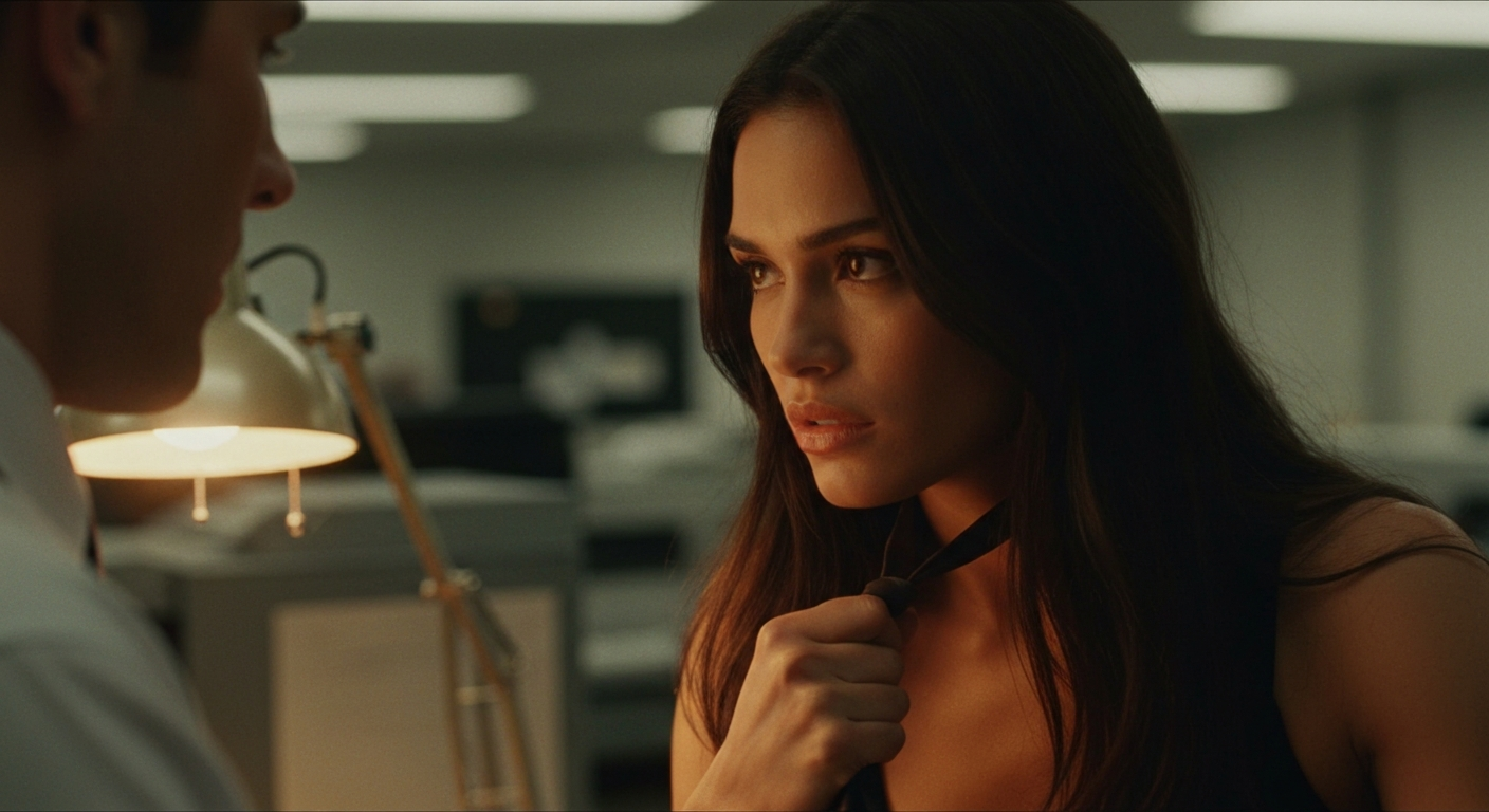 Cinematic 35mm film still close-up of woman with long dark brown hair falling past shoulders, olive skin tone, slim athletic