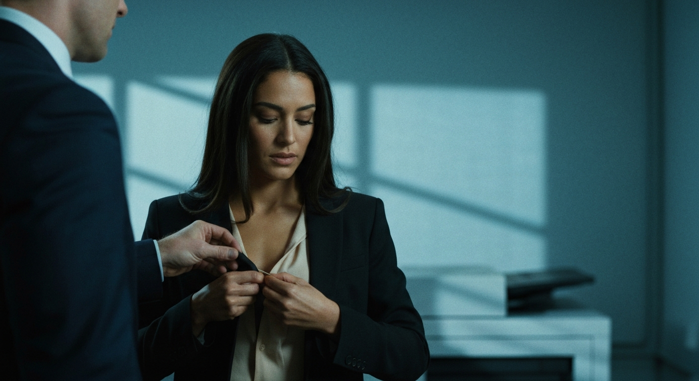 Cinematic 35mm film still medium shot of woman with long dark brown hair falling past shoulders, olive skin tone, slim athlet