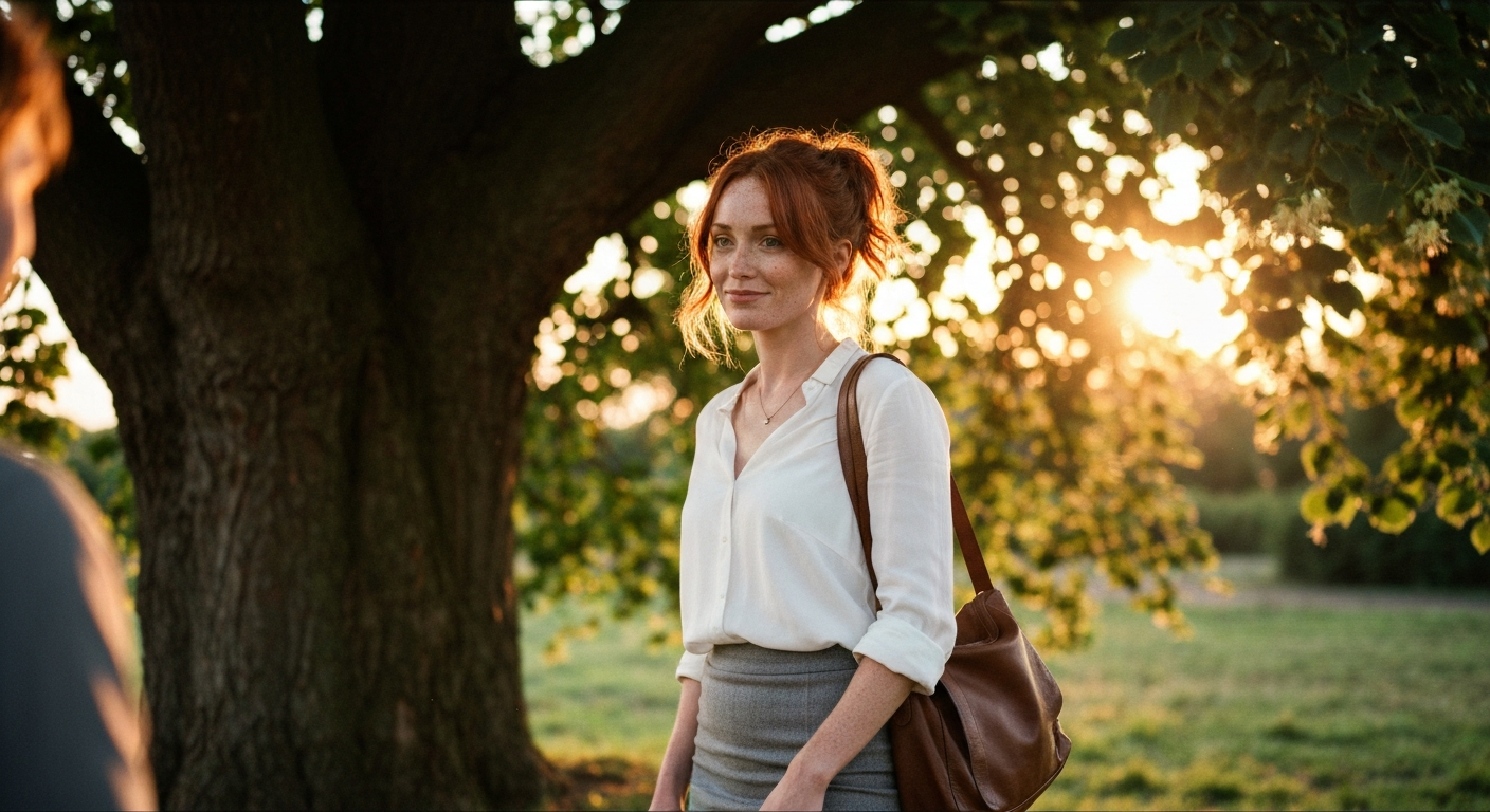 Cinematic 35mm film still of woman with shoulder-length auburn hair in a loose bun, fair skin with light freckles, slim athle