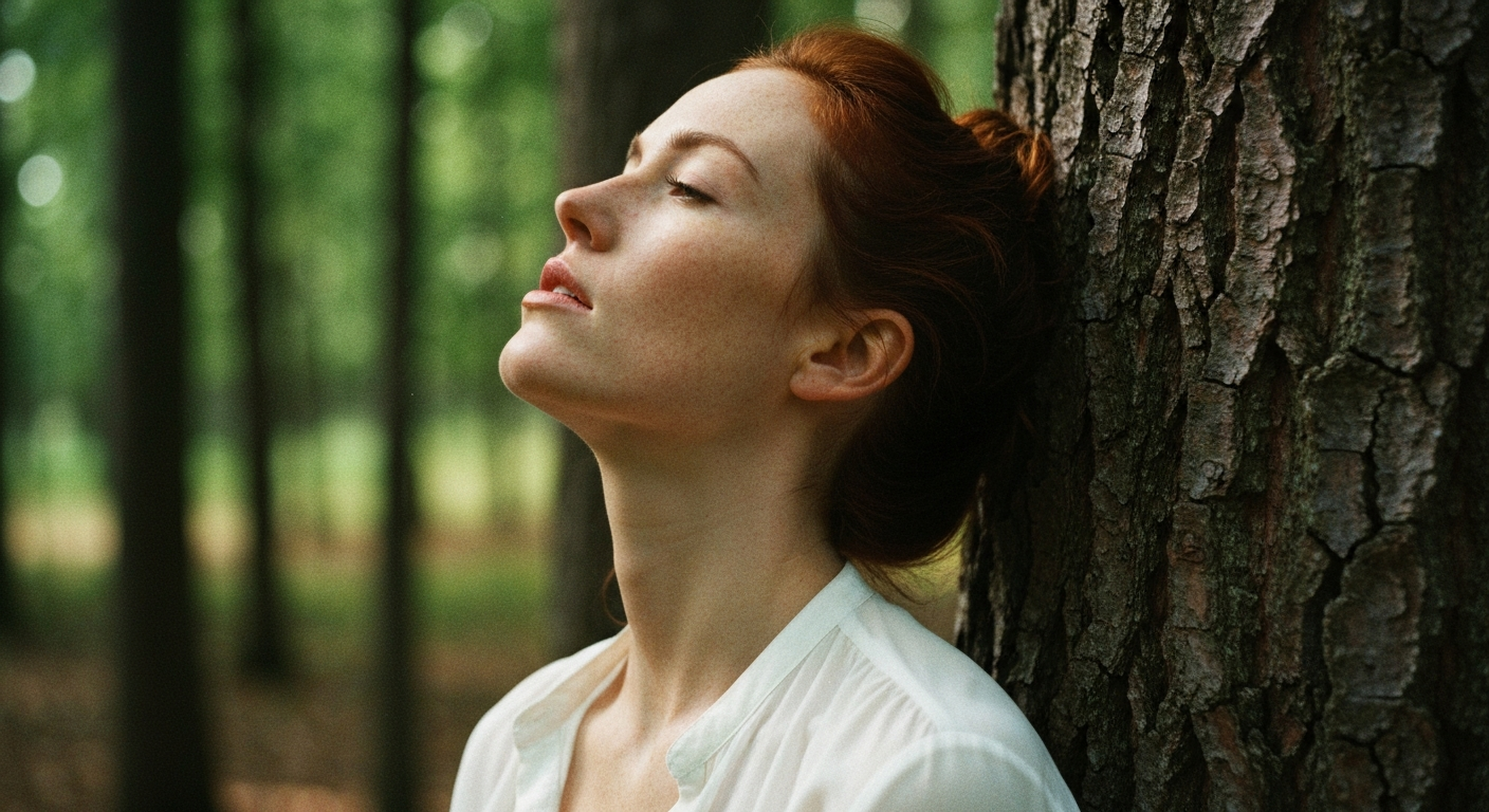 Cinematic 35mm film still close-up of woman with shoulder-length auburn hair in a loose bun, fair skin with light freckles, s