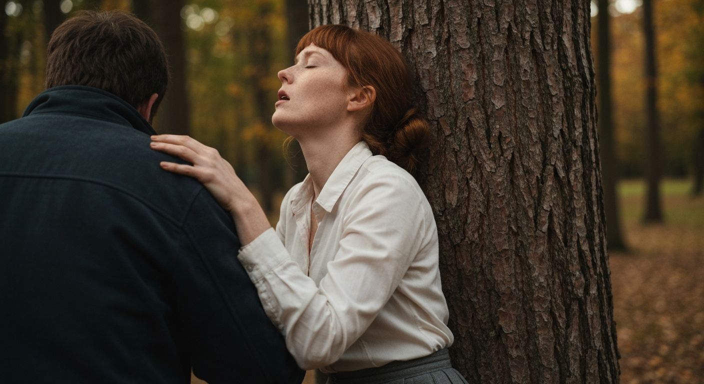 Cinematic 35mm film still medium shot of woman with shoulder-length auburn hair falling loose from bun, fair skin with light 