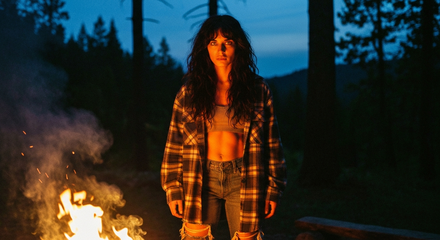 Cinematic 35mm film still of woman with long dark wavy hair falling past shoulders, olive skin tone, athletic slim build, gre