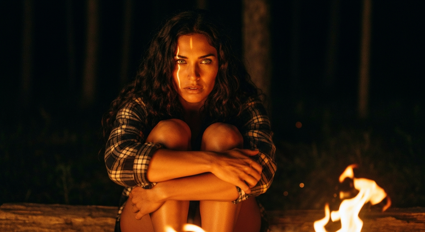 Cinematic 35mm film still of woman with long dark wavy hair falling past shoulders, olive skin tone, athletic slim build, gre