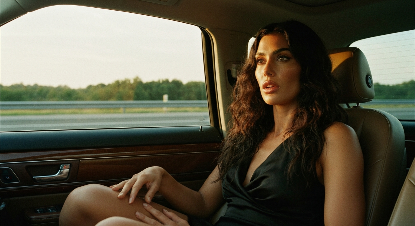 Cinematic 35mm film still of woman with long dark wavy hair, olive skin tone, athletic slim body, full lips, expressive dark 