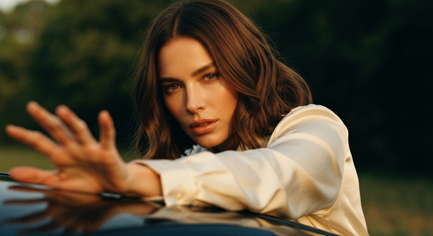 Cinematic 35mm film still close-up of woman with shoulder-length chestnut brown hair with subtle waves, porcelain skin with w