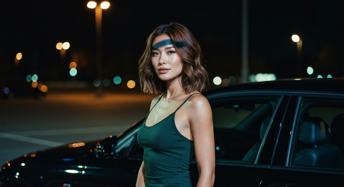 Cinematic 35mm film still medium shot of woman with shoulder-length chestnut brown hair with subtle waves, porcelain skin wit