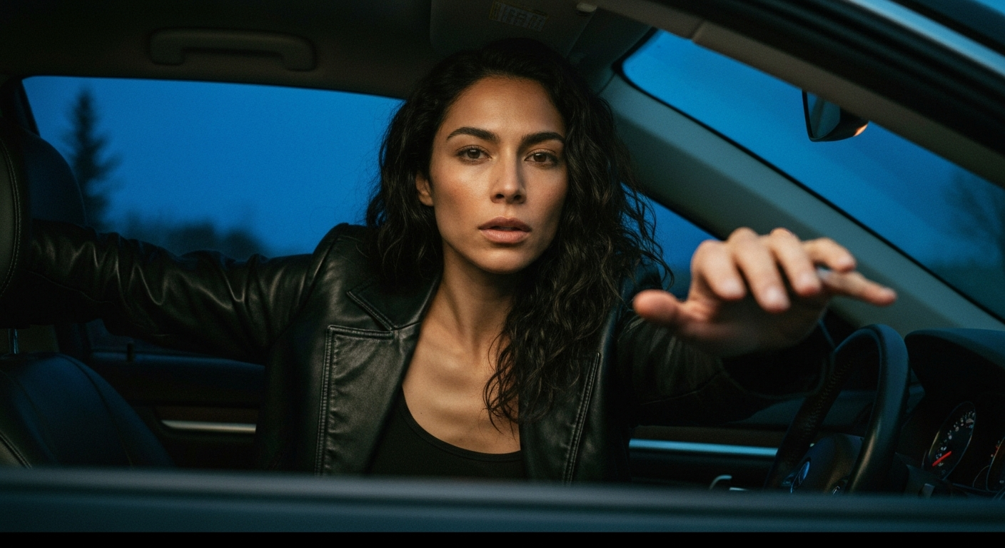 Cinematic 35mm film still of woman with long dark wavy hair, olive skin tone, athletic slim body, defined cheekbones, wearing