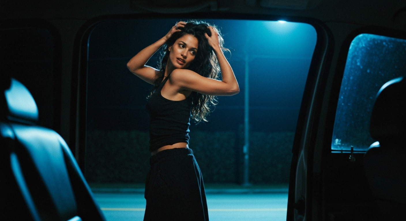 Cinematic 35mm film still of woman with long dark wavy hair, olive skin tone, athletic slim body, defined cheekbones, wearing