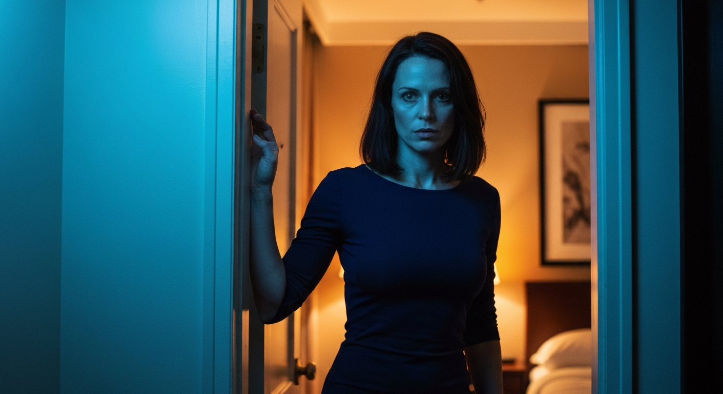 Cinematic 35mm film still of woman with shoulder-length dark brown hair, pale skin, athletic slim body, aged 34, wearing dark