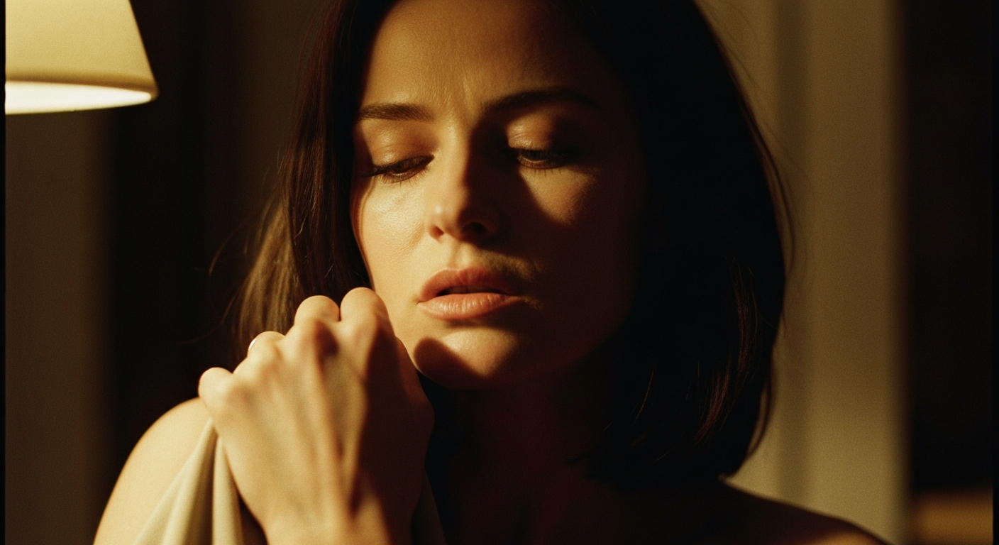 Cinematic 35mm film still close-up of woman with shoulder-length dark brown hair, pale skin, athletic slim body, aged 34, her