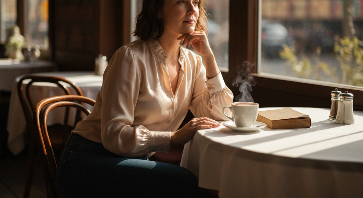 Cinematic 35mm film still of woman with shoulder-length dark brown hair, pale skin, athletic slim body, aged 34, sitting at b