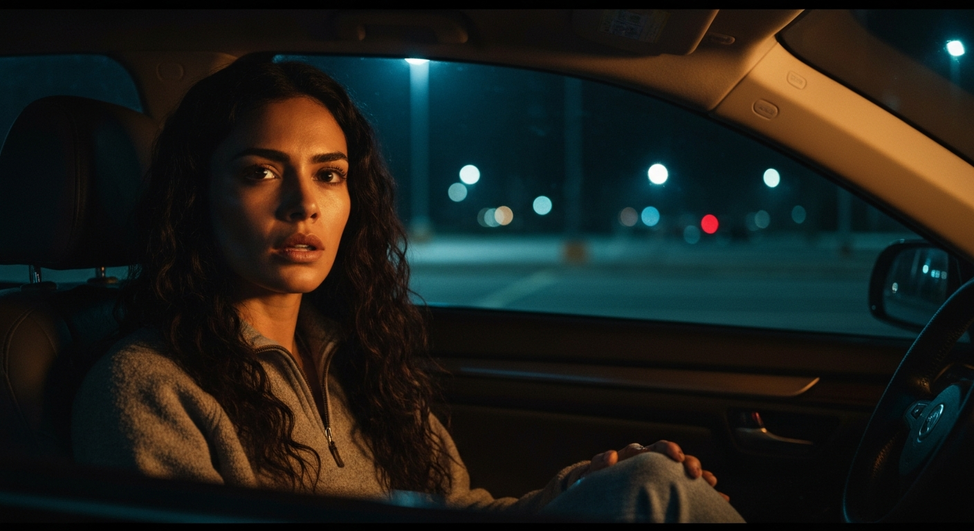 Cinematic 35mm film still of woman with long dark wavy hair, olive skin tone, athletic slim body type, full lips, dark eyes,
