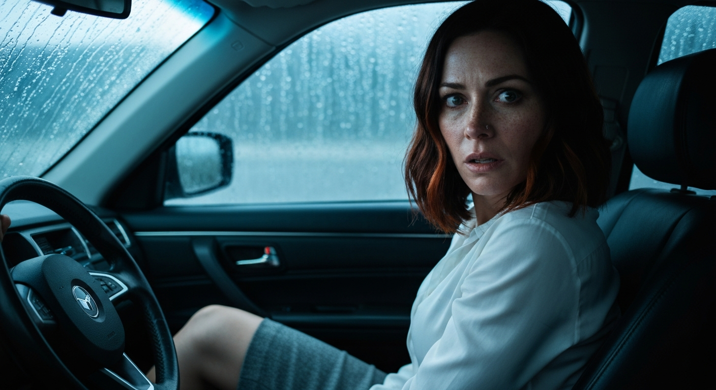 Cinematic 35mm film still of woman with shoulder-length dark brown hair with copper highlights, pale skin with light freckles