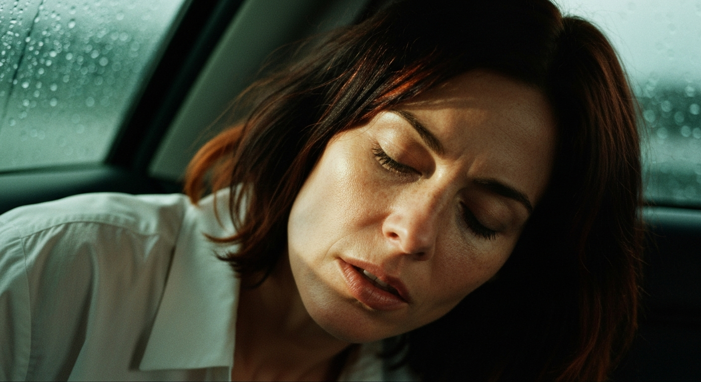 Cinematic 35mm film still of woman with shoulder-length dark brown hair with copper highlights, pale skin with light freckles