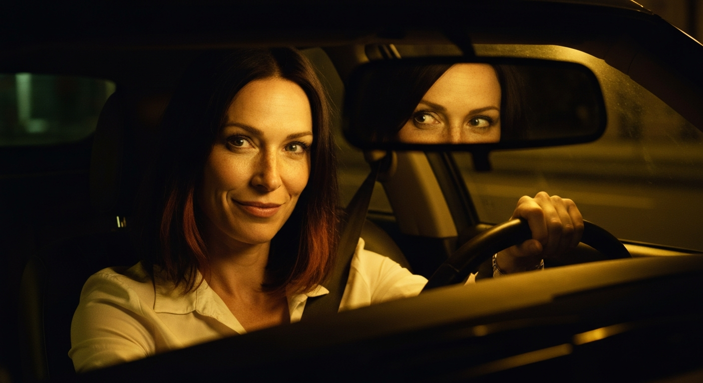 Cinematic 35mm film still of woman with shoulder-length dark brown hair with copper highlights, pale skin with light freckles