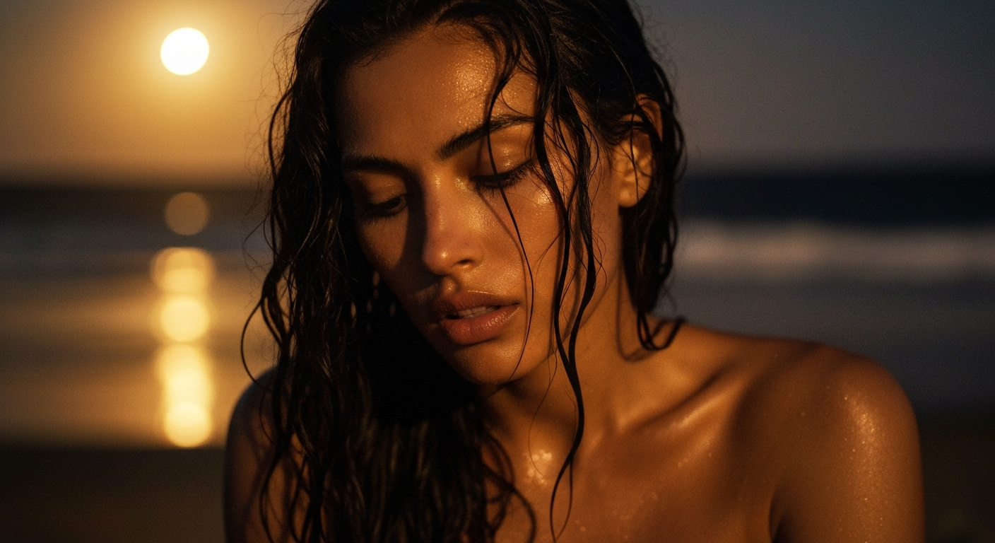Cinematic 35mm film still, close-up shot of woman with long dark wavy hair past shoulders, olive skin tone, slim athletic bod