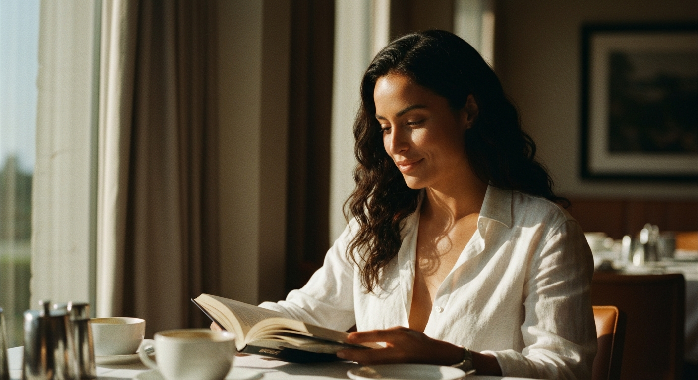 Cinematic 35mm film still, over-shoulder shot in hotel restaurant, woman with long dark wavy hair past shoulders, olive skin 