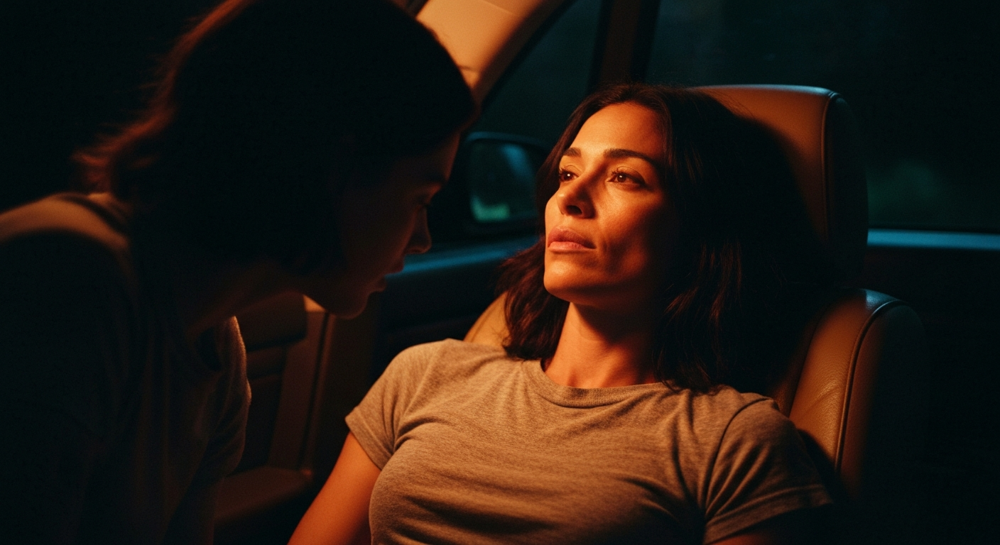 Cinematic 35mm film still of woman with shoulder-length dark brown hair, olive skin tone, slim athletic body, age 37, recline