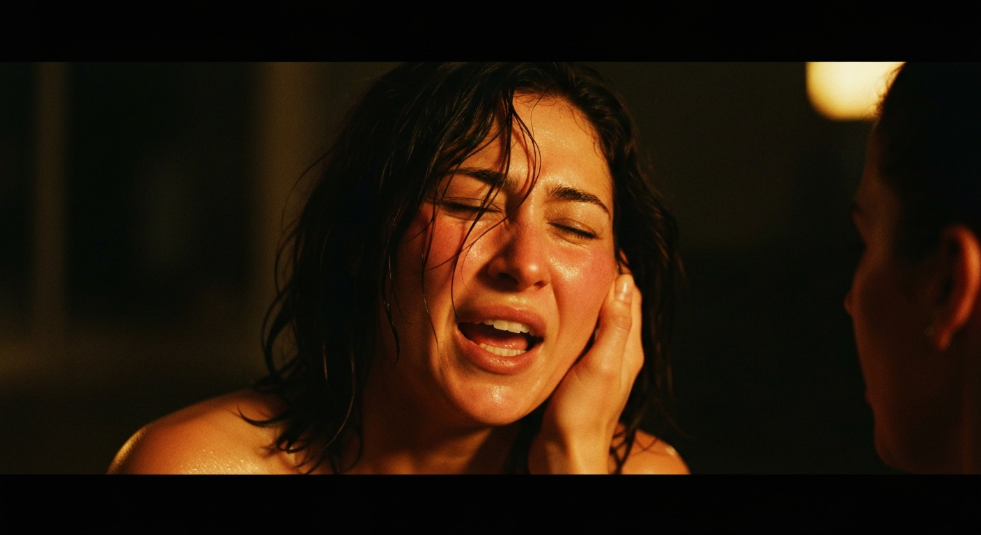 Cinematic 35mm film still of woman with shoulder-length dark brown hair, olive skin tone, slim athletic body, age 37, extreme