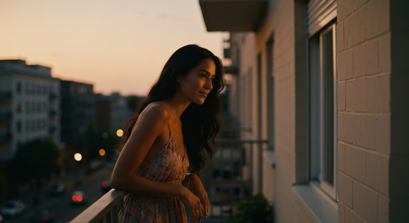 Cinematic 35mm film still of woman with long dark flowing hair, olive skin tone, athletic slim body type, elegant features we