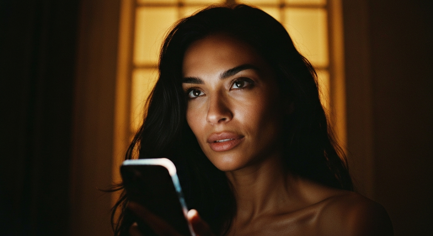 Cinematic 35mm film still close-up of woman with long dark flowing hair, olive skin tone, athletic slim body type, elegant fe