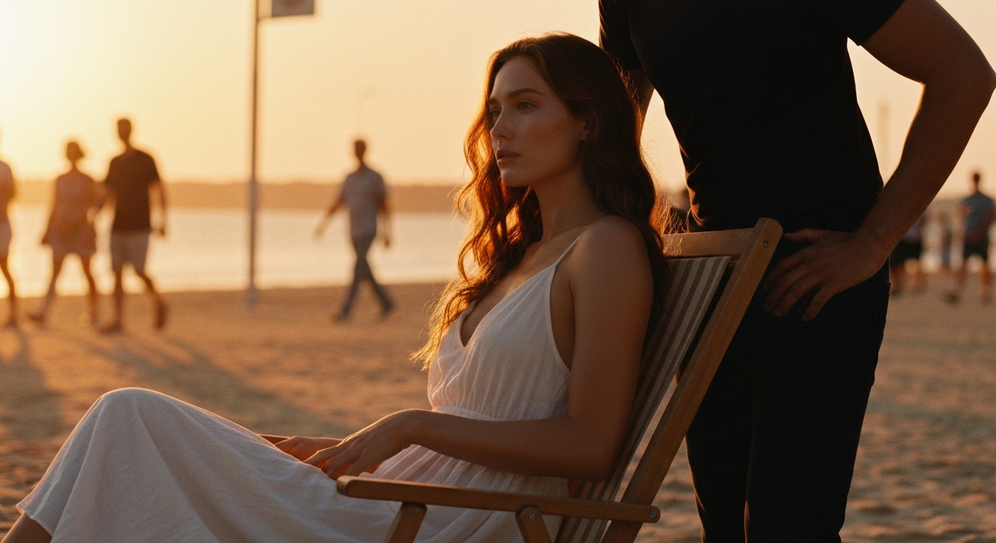 Cinematic 35mm film still of woman with long wavy chestnut brown hair, porcelain skin with warm undertones, athletic slim bod