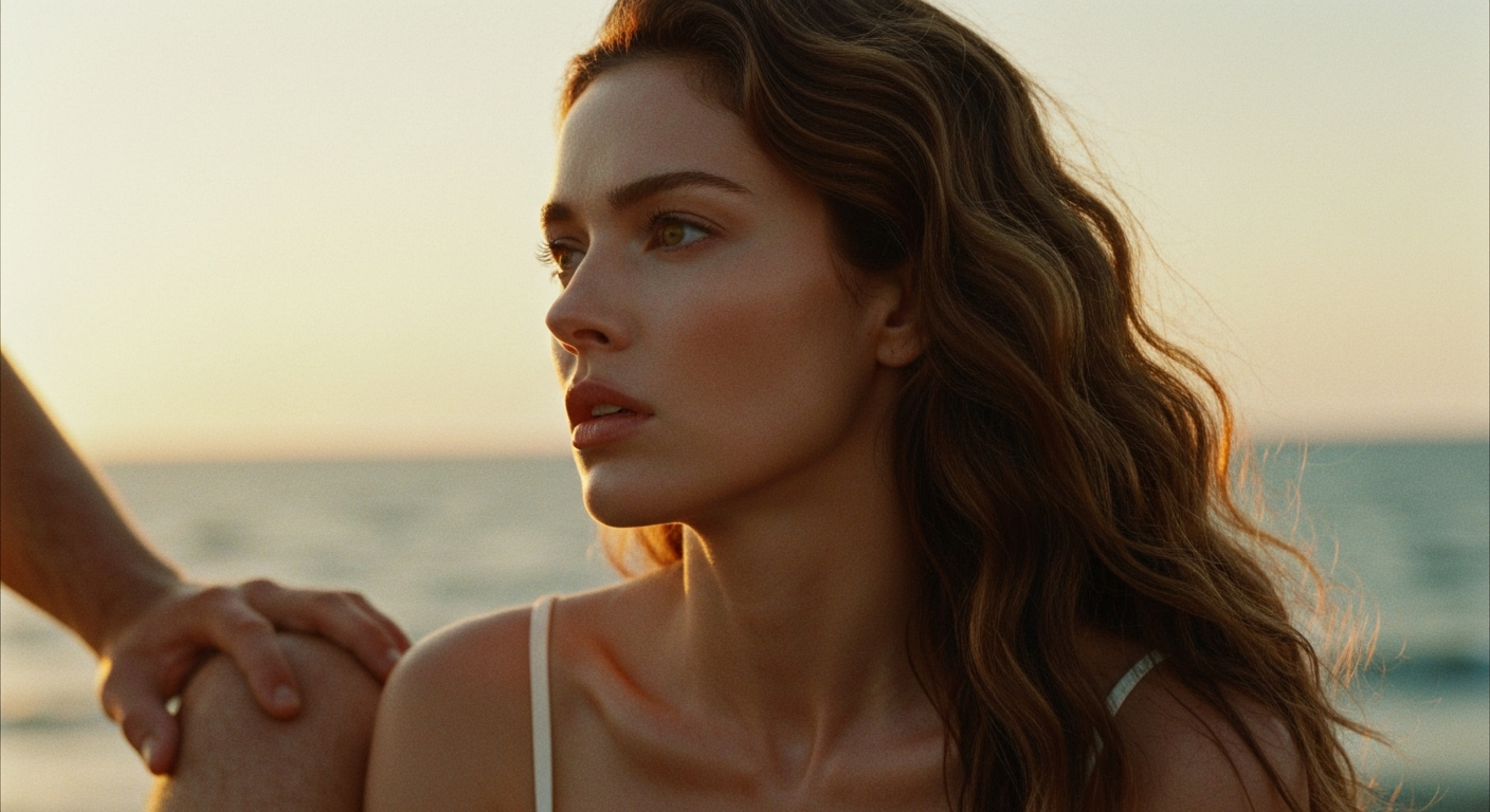 Cinematic 35mm film still close-up of woman with long wavy chestnut brown hair, porcelain skin with warm undertones, athletic
