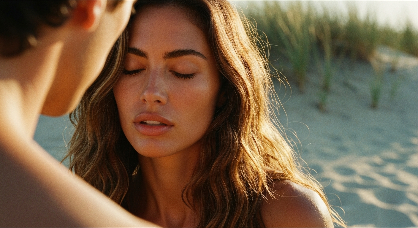 Cinematic 35mm film still of woman with long wavy chestnut hair falling past shoulders, sun-kissed olive skin, athletic slim 