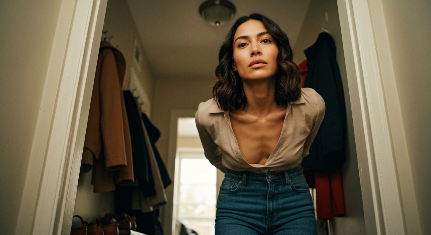 Cinematic 35mm film still of woman with shoulder-length dark brown hair with subtle waves, warm olive skin tone, athletic sli