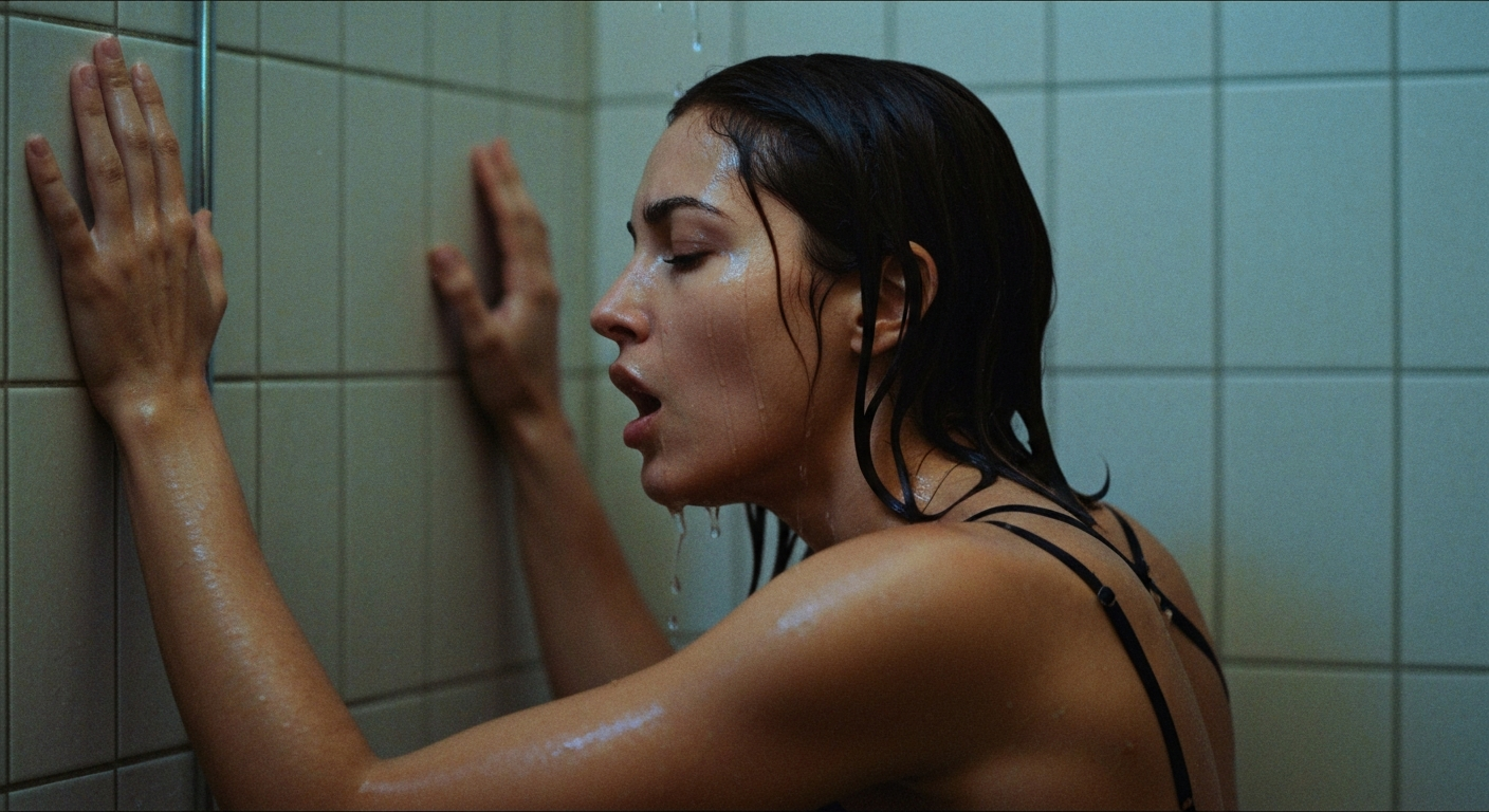 Cinematic 35mm film still of woman with shoulder-length dark brown hair, olive Mediterranean skin tone, athletic slim body wi