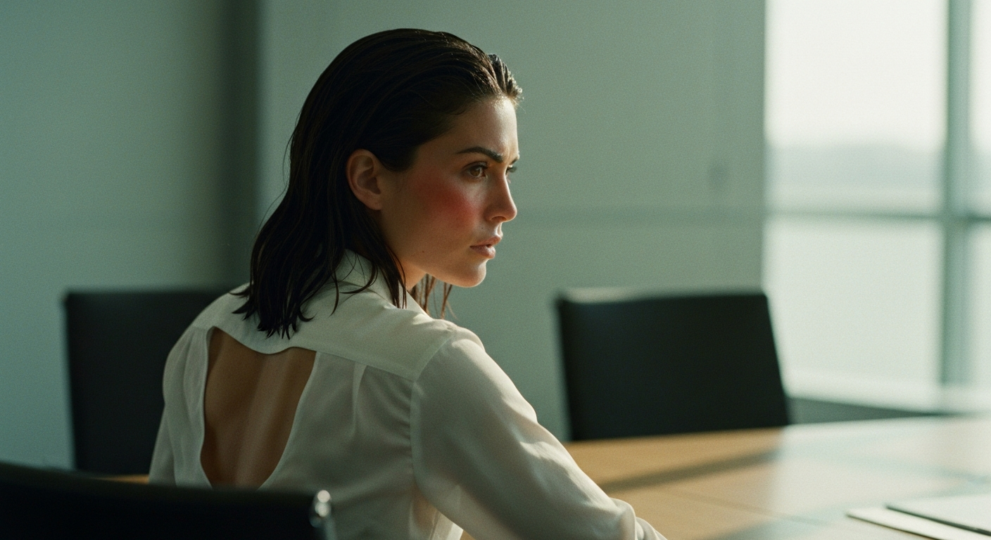 Cinematic 35mm film still of woman with shoulder-length dark brown hair, olive Mediterranean skin tone, athletic slim body wi