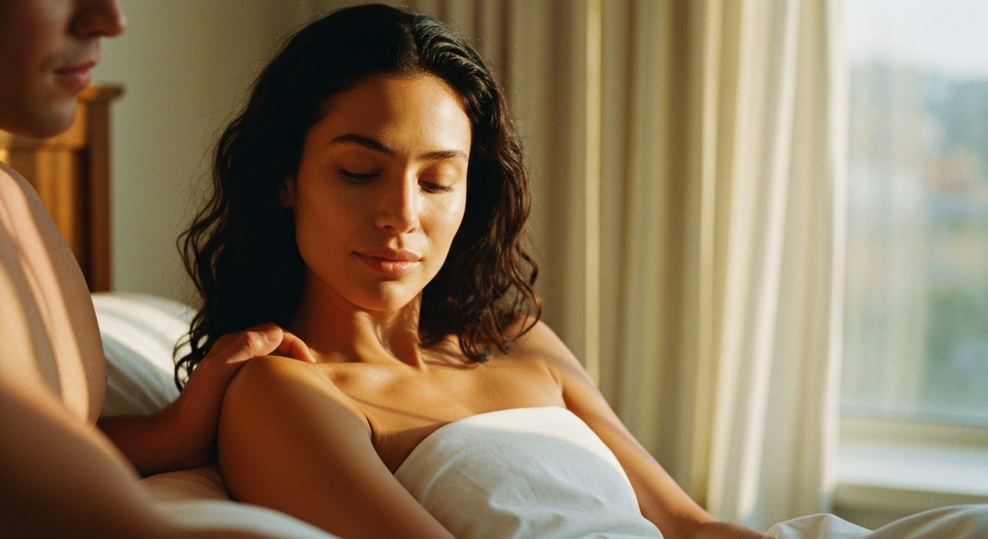 Cinematic 35mm film still soft close-up of woman with long dark wavy hair, olive skin tone, slim athletic body type, delicate