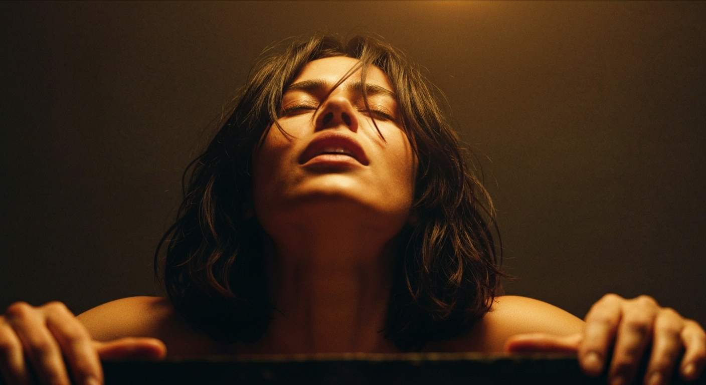 Cinematic 35mm film still close-up of woman with shoulder-length dark brown hair, olive Mediterranean skin tone, athletic sli